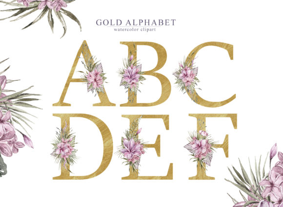 Watercolor Floral Gold Alphabet Clipart Guide